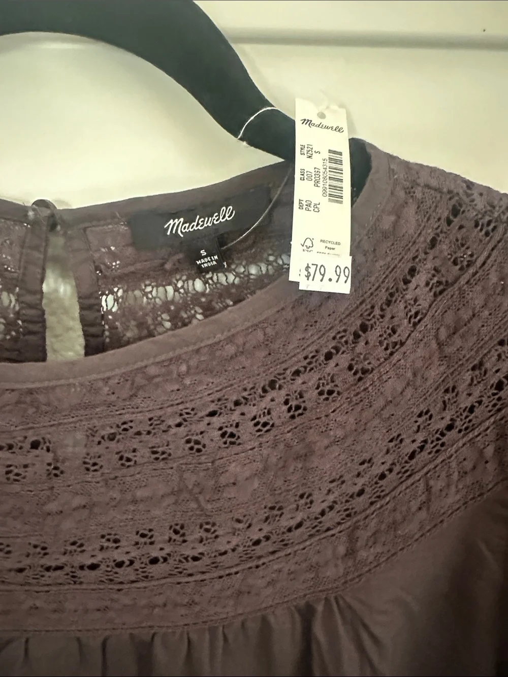 Madewell Lace Yoke Long-Sleeve Blouse. Color is chocolate plum. NWT size S.